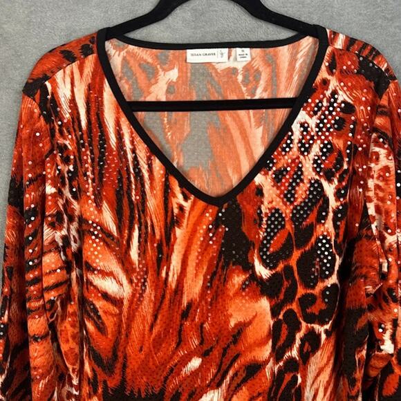 Susan Graver Top Womens 1X Red Animal Print Sequin Party Holiday Tunic Stretch - Picture 2 of 11